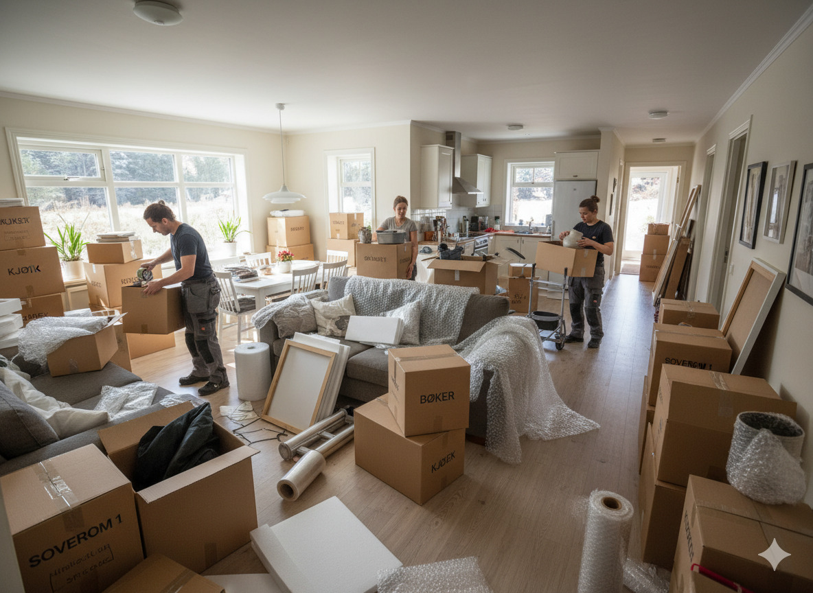 Full pakking av hjem med esker og material